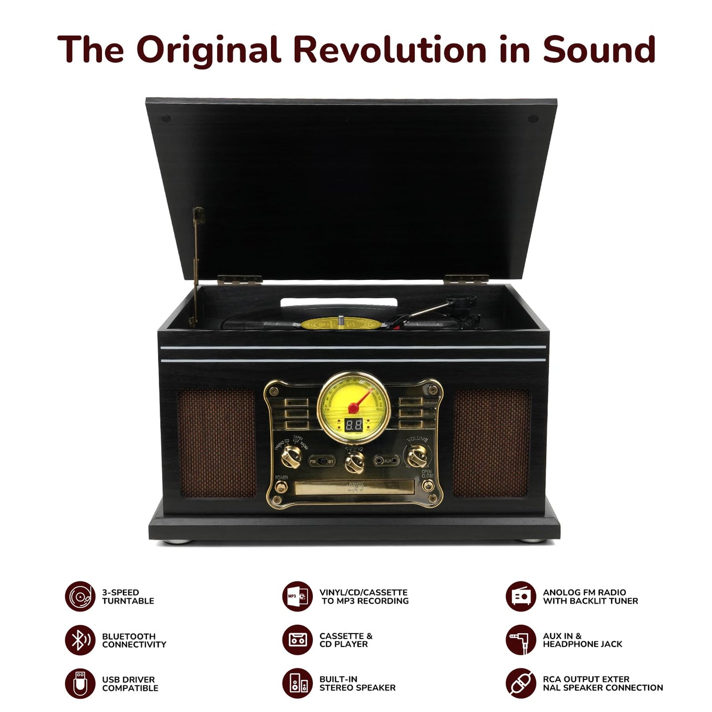FEKTIK Bluetooth Record Player 10 in 1,FEKTIK 3-Speed Turntable for Vinyl with Speakers, LP to MP3 Converter, CD, Cassette Player, FM Radio, Wireless Streaming | Black