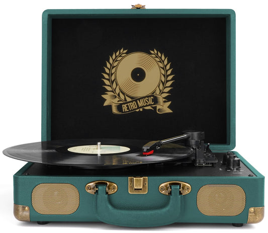 Vinyl Record Player Bluetooth Turntable 3-Speed Suitcase Portable Vintage Belt-Driven Record Player with Built-in Speakers RCA Line Out AUX in Headphone Jack Hunter Green