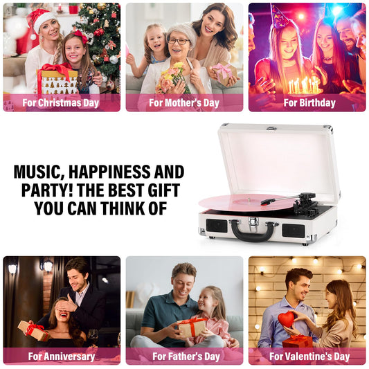 Vinyl Record Player Bluetooth 3-Speed Portable Vintage Suitcase with Built-in Speakers, RCA Line Out AUX in Headphone Jack Vintage Turntable, White