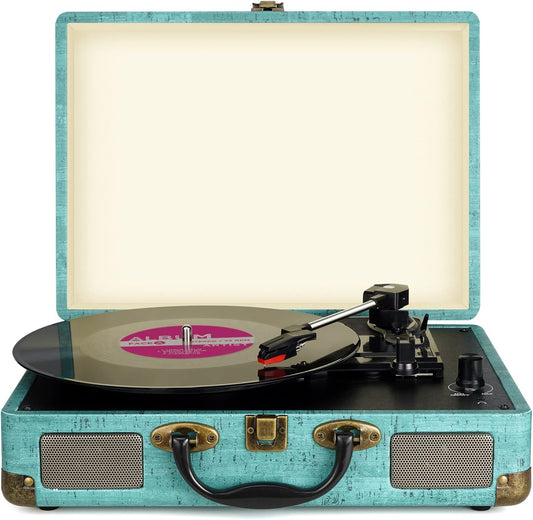 Vinyl Record Player, 3 Speeds (33 1/3, 45 and 78 RPM) Portable Stereo Turntable, with Built-in Speakers, Bluetooth, 3.5mm AUX-IN and Headphone Jack, RCA Line