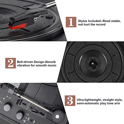 Vinyl Bluetooth Record Player, 3-Speed ,Suitcase with Speakers, RCA Out/AUX IN(black)