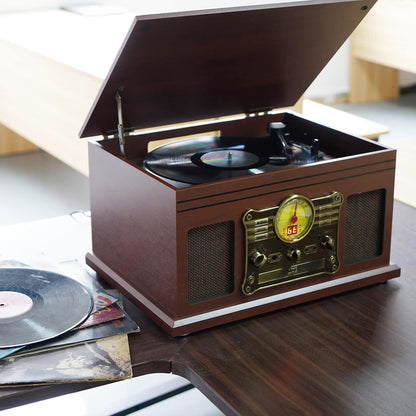 10 in 1 Bluetooth Record Player, 3-Speed Turntable for Vinyl with Speakers, LP to MP3 Converter, CD, Cassette Player, FM Radio, Wireless Streaming | Red Brown