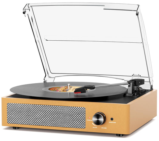 Vinyl Record Player with 2 Stereo Speakers Belt-Driven Vintage Turntables 3 Speed 3 Size Wireless Bluetooth Playback AUX-in RCA Out Headphone LP Vinyl Players Auto Stop Frosted Golden