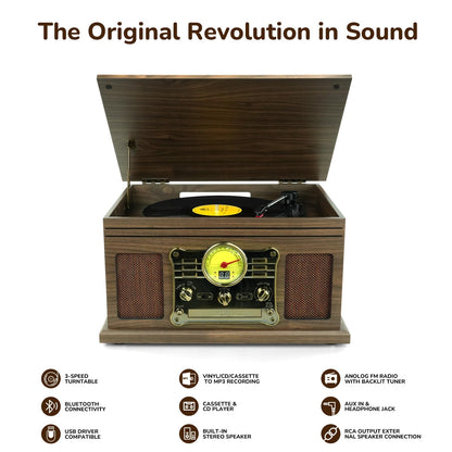 FEKTIK Bluetooth Record Player 10 in 1,FEKTIK 3-Speed Turntable for Vinyl with Speakers, LP to MP3 Converter, CD, Cassette Player, FM Radio, Wireless Streaming | Wooden