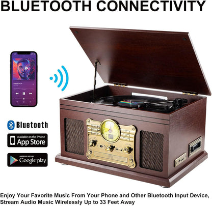 10 in 1 Bluetooth Record Player, 3-Speed Turntable for Vinyl with Speakers, LP to MP3 Converter, CD, Cassette Player, FM Radio, Wireless Streaming | Red Brown