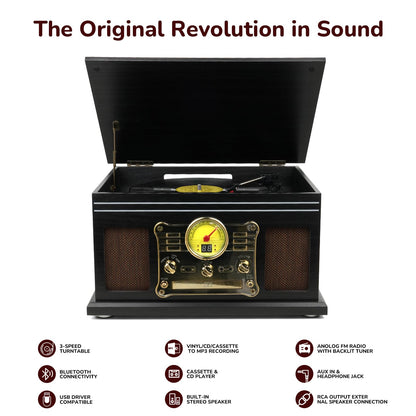 FEKTIK Bluetooth Record Player 10 in 1,FEKTIK 3-Speed Turntable for Vinyl with Speakers, LP to MP3 Converter, CD, Cassette Player, FM Radio, Wireless Streaming | Black