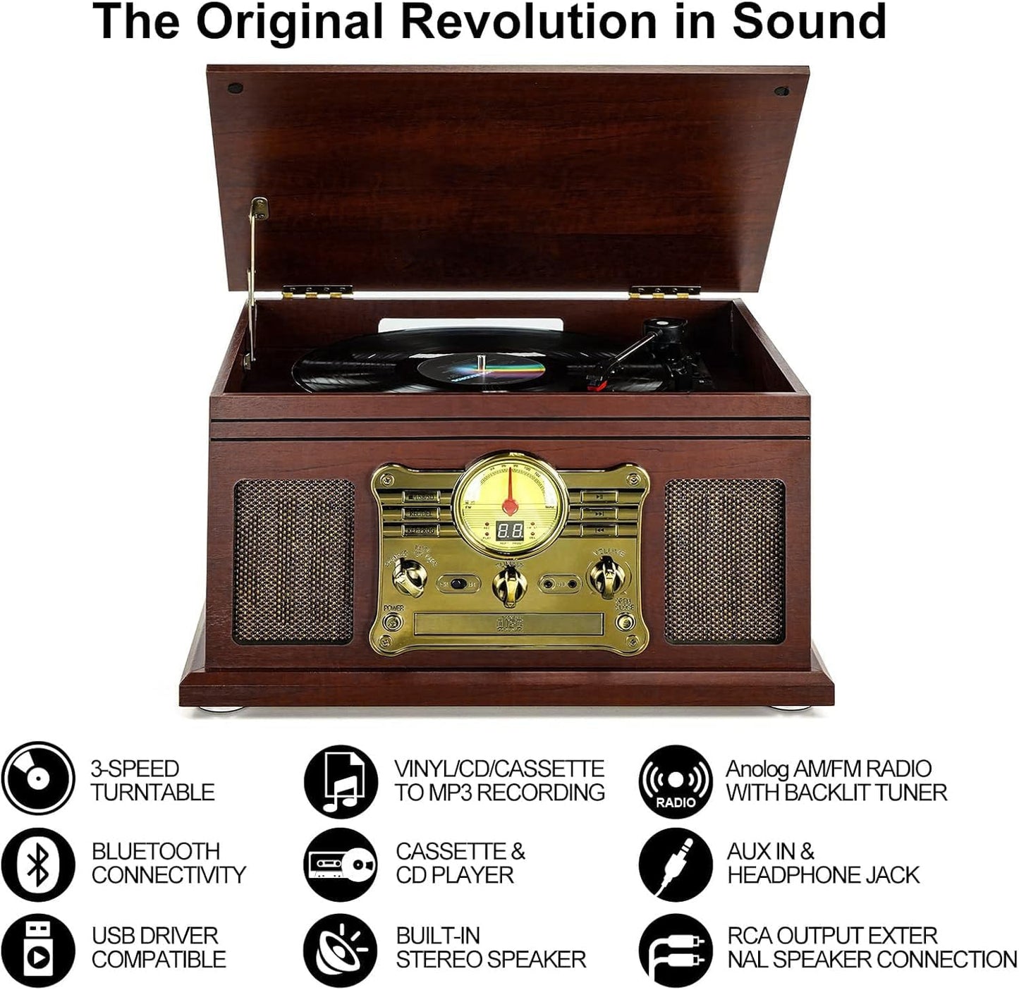 10 in 1 Bluetooth Record Player, 3-Speed Turntable for Vinyl with Speakers, LP to MP3 Converter, CD, Cassette Player, FM Radio, Wireless Streaming | Red Brown