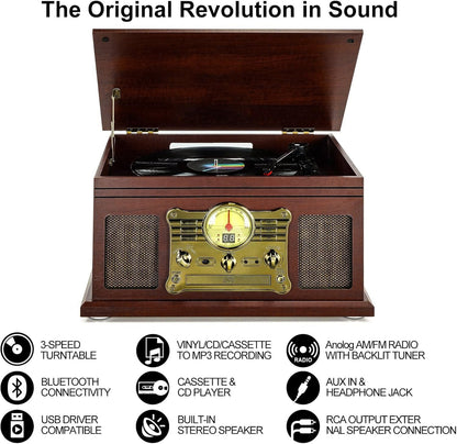 10 in 1 Bluetooth Record Player, 3-Speed Turntable for Vinyl with Speakers, LP to MP3 Converter, CD, Cassette Player, FM Radio, Wireless Streaming | Red Brown
