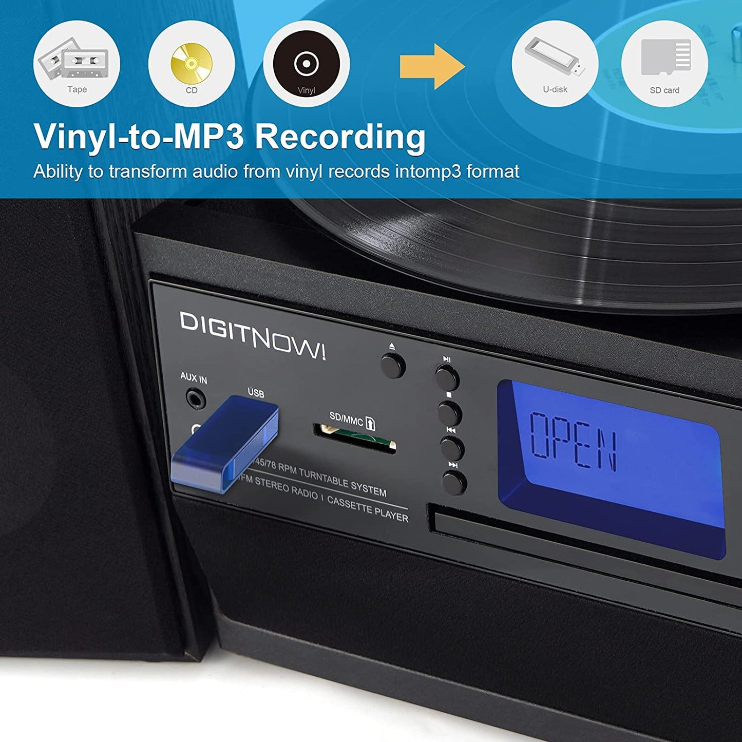 Multi-functional BT Turntable Player with two Speakers,Support CD, Cassette, Radio,Remote Control