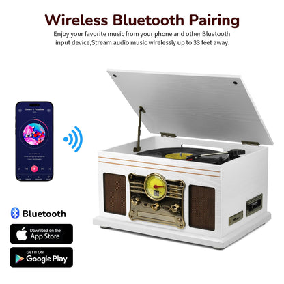FEKTIK Bluetooth Record Player 10 in 1,FEKTIK 3-Speed Turntable for Vinyl with Speakers, LP to MP3 Converter, CD, Cassette Player, FM Radio, Wireless Streaming | White