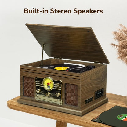FEKTIK Bluetooth Record Player 10 in 1,FEKTIK 3-Speed Turntable for Vinyl with Speakers, LP to MP3 Converter, CD, Cassette Player, FM Radio, Wireless Streaming | Wooden