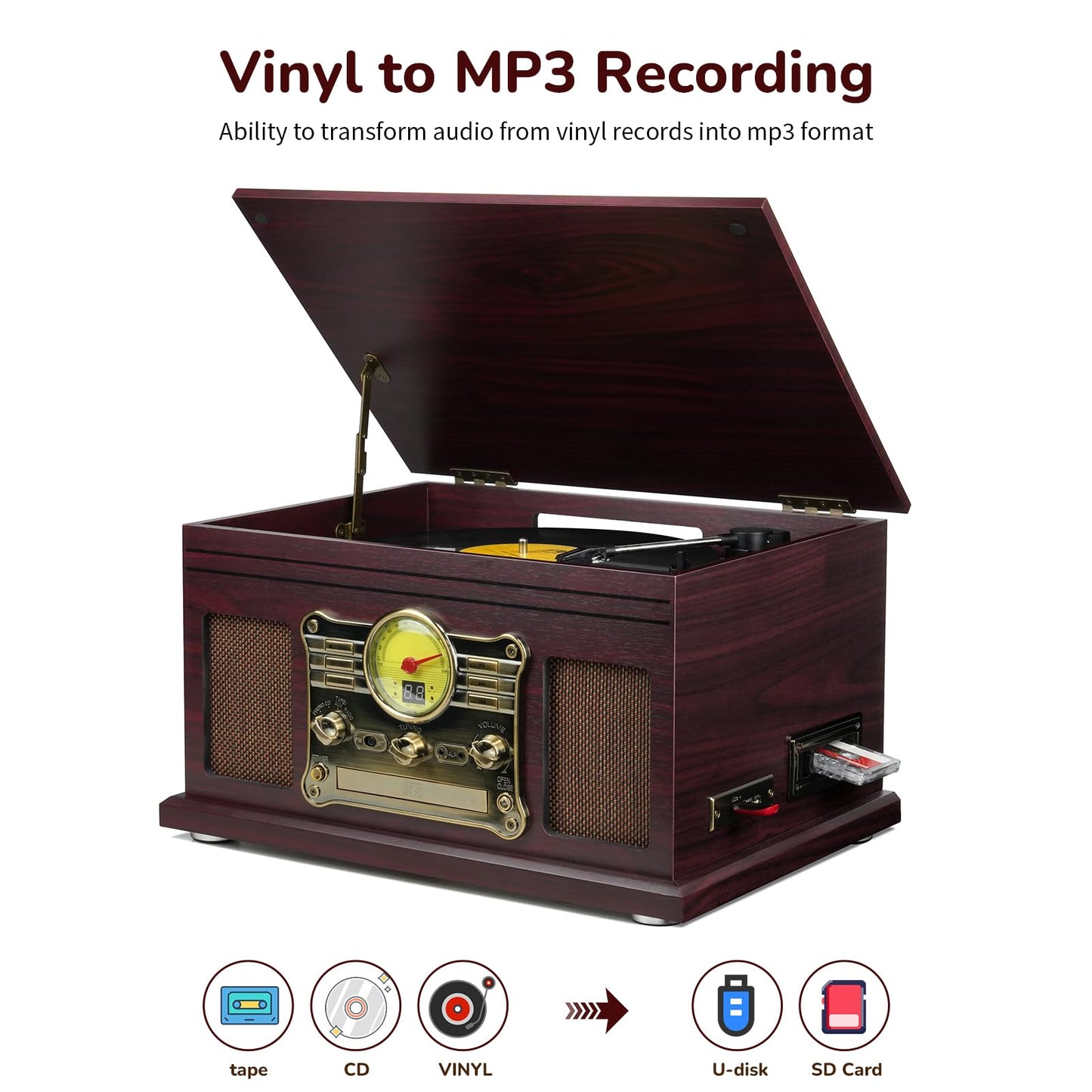 FEKTIK Bluetooth Record Player 10 in 1,FEKTIK 3-Speed Turntable for Vinyl with Speakers, LP to MP3 Converter, CD, Cassette Player, FM Radio, Wireless Streaming | Coffee