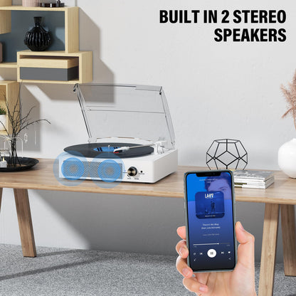 Vinyl Record Player with 2 Stereo Speakers Belt-Driven Vintage Turntables 3 Speed 3 Size Wireless Bluetooth Playback AUX-in RCA Out Headphone LP Vinyl Players Auto Stop Fashion White
