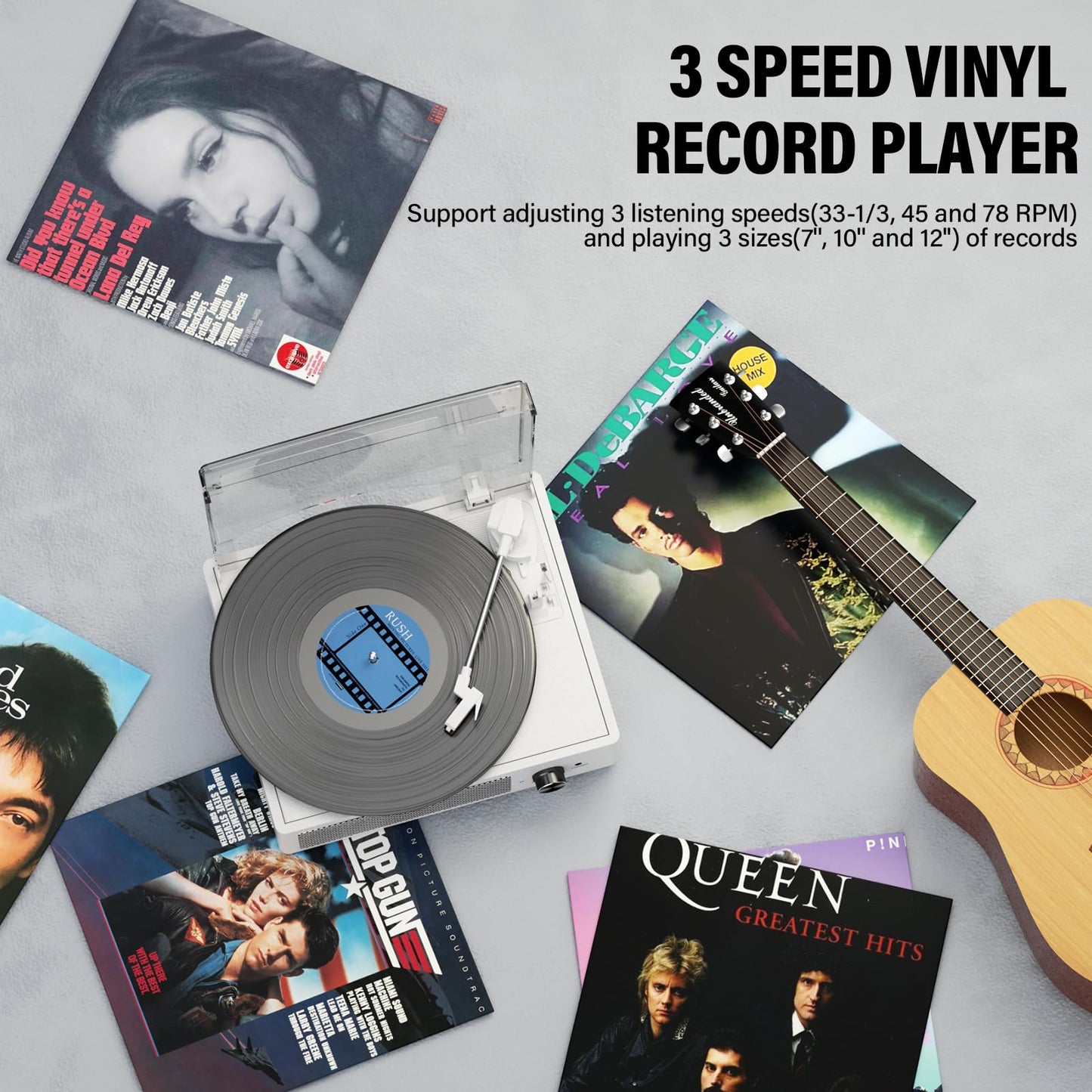Vinyl Record Player with 2 Stereo Speakers Belt-Driven Vintage Turntables 3 Speed 3 Size Wireless Bluetooth Playback AUX-in RCA Out Headphone LP Vinyl Players Auto Stop Fashion White