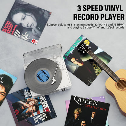 Vinyl Record Player with 2 Stereo Speakers Belt-Driven Vintage Turntables 3 Speed 3 Size Wireless Bluetooth Playback AUX-in RCA Out Headphone LP Vinyl Players Auto Stop Fashion White