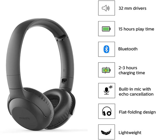 PHILIPS ON EAR HEADPHONES UH202BK/00 BLUETOOTH - BLACK [ACCESSORIES]