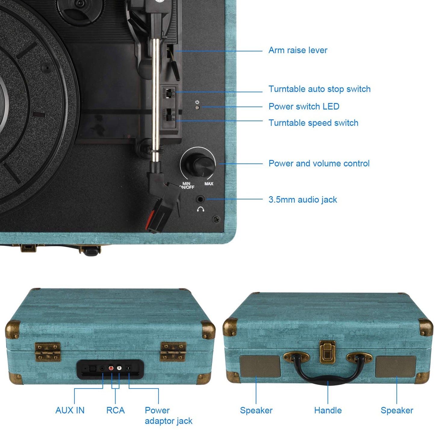Vinyl Record Player, 3 Speeds (33 1/3, 45 and 78 RPM) Portable Stereo Turntable, with Built-in Speakers, Bluetooth, 3.5mm AUX-IN and Headphone Jack, RCA Line