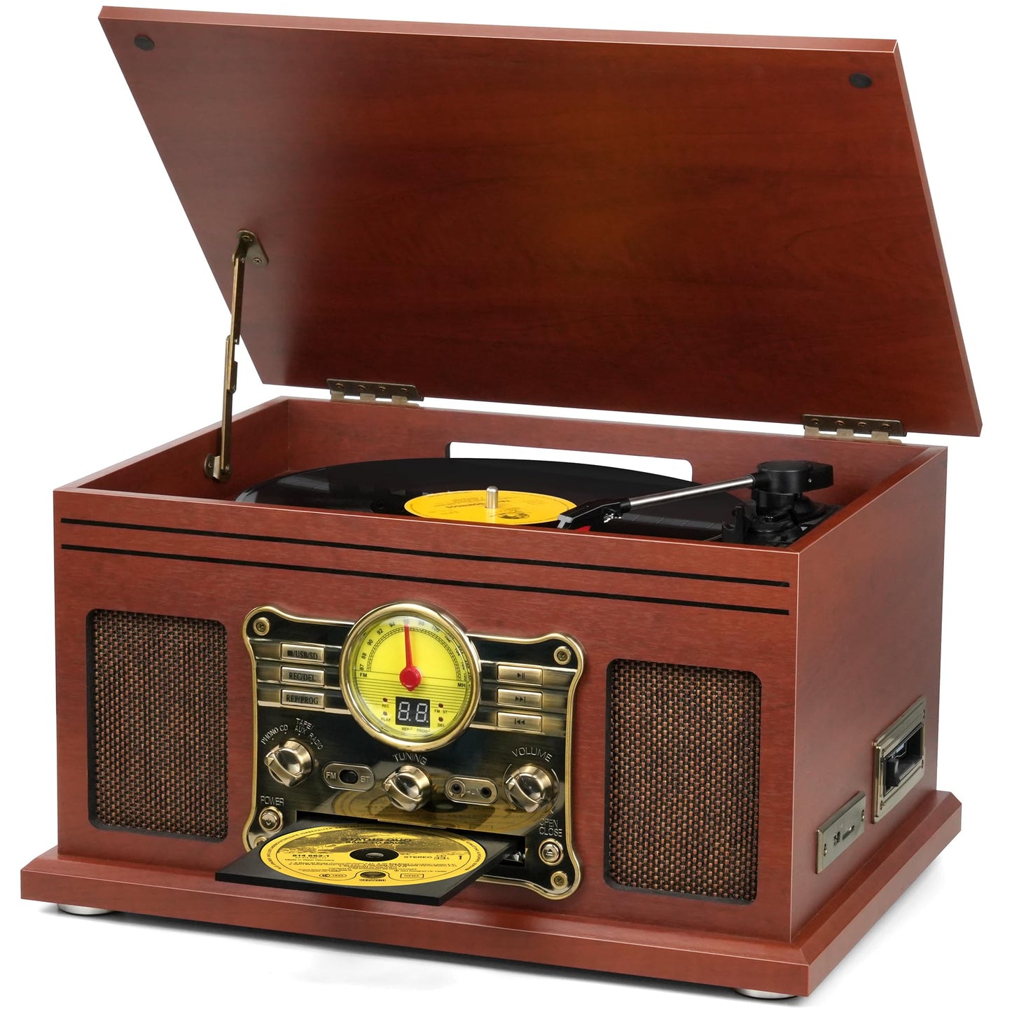 Bluetooth Record Player 10 in 1, 3-Speed Turntable for Vinyl with Speakers, LP to MP3 Converter, CD, Cassette Player, FM Radio, Wireless Streaming | Mahogany
