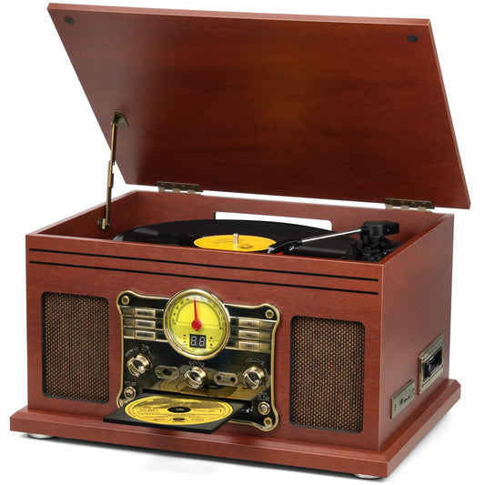 Bluetooth Record Player 10 in 1, 3-Speed Turntable for Vinyl with Speakers, LP to MP3 Converter, CD, Cassette Player, FM Radio, Wireless Streaming | Mahogany