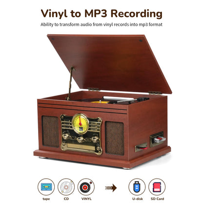 Bluetooth Record Player 10 in 1, 3-Speed Turntable for Vinyl with Speakers, LP to MP3 Converter, CD, Cassette Player, FM Radio, Wireless Streaming | Mahogany
