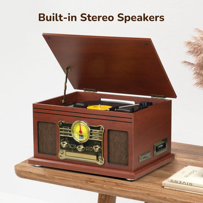 Bluetooth Record Player 10 in 1, 3-Speed Turntable for Vinyl with Speakers, LP to MP3 Converter, CD, Cassette Player, FM Radio, Wireless Streaming | Mahogany