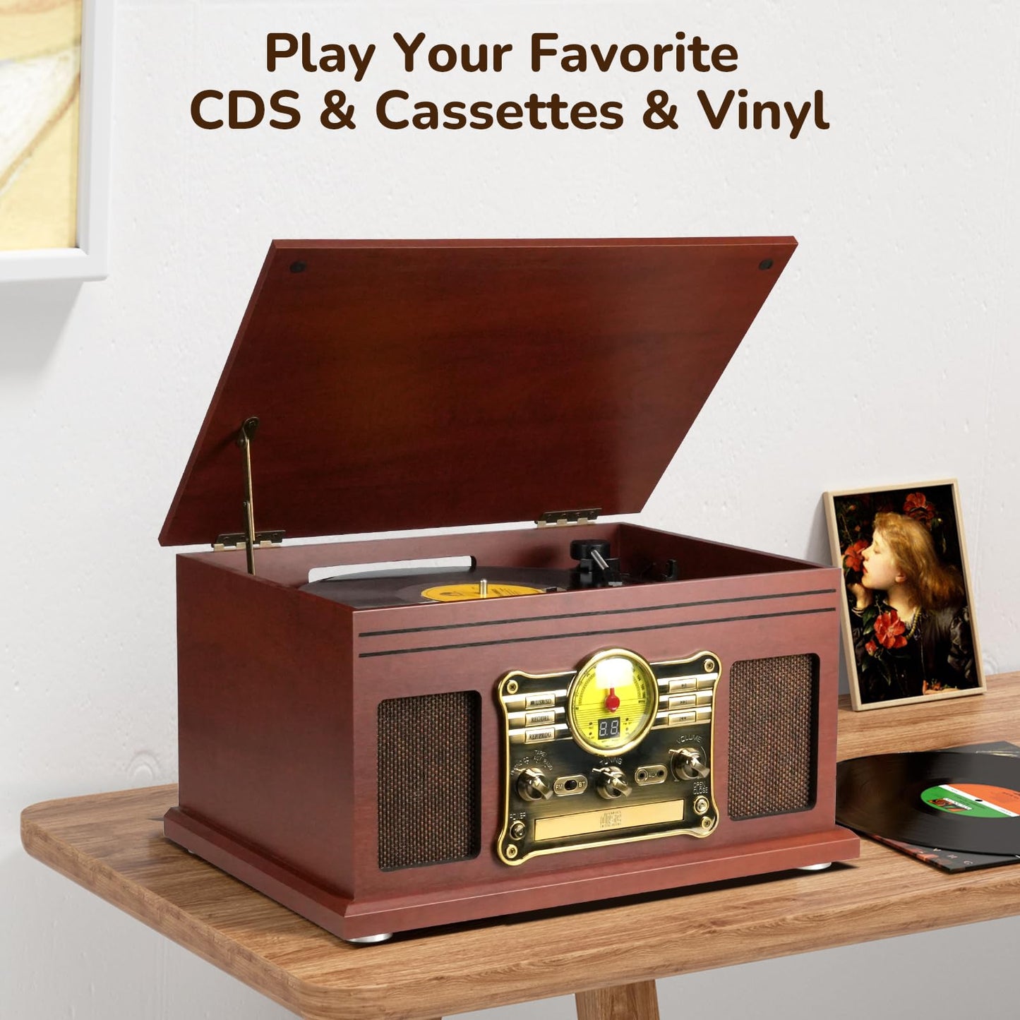 Bluetooth Record Player 10 in 1, 3-Speed Turntable for Vinyl with Speakers, LP to MP3 Converter, CD, Cassette Player, FM Radio, Wireless Streaming | Mahogany